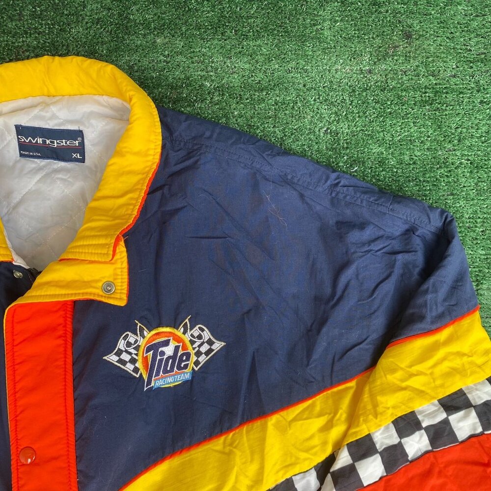 Vintage 90s NASCAR Tide Racing Puffer Bomber Jacket Quilted Checkered Colorful - Picture 2 of 6